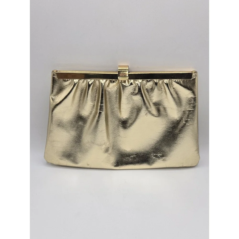 Vintage Gold Metallic Clutch Evening Bag Frame‎ Closure Retro Handbag